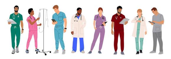 Set of standing and walking doctors, nurses. vector