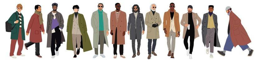 Set of diverse men wearing coats isolated. vector