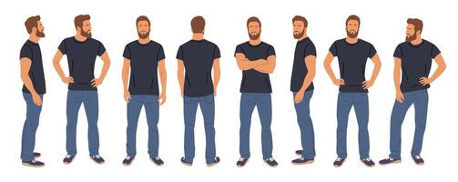 Casual man character standing in different poses. vector