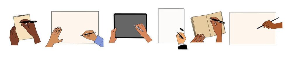 Set of Hands with writing, painting tools . vector