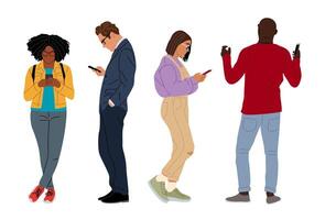 Set of different people using mobile phone. vector