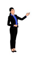 A happy woman in a suit is pointing to the side. vector
