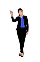 A happy woman in a suit is pointing upwards. vector