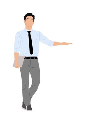 Business man character pointing to the side.