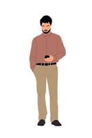 Business man standing with mobile phone isolated. vector