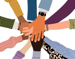 Hands of diverse people unity illustration. vector