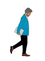 Senior business man walking side view with laptop. vector