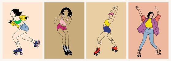 Roller skaters outline drawing isolated set vector
