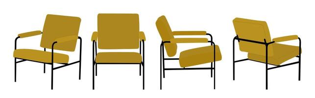 Yellow soft armchair different views, side, back. vector