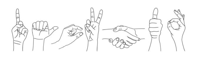 Different hand gestures set line art drawing. vector