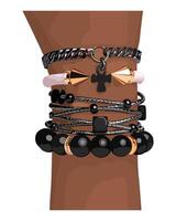 Womans hand with a lot of stylish bracelets. vector