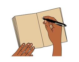Hands drawing in sketchbook on blank paper . vector