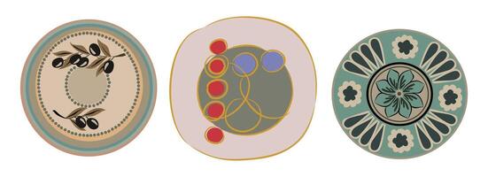 Set of hand-made ceramic plates isolated. vector