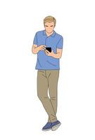 Young man holding, using mobile phone . vector