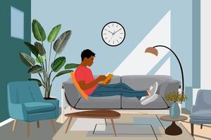 Young man lying on the sofa reading book . vector