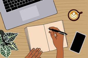 Top view of workplace, hands writing in organizer. vector