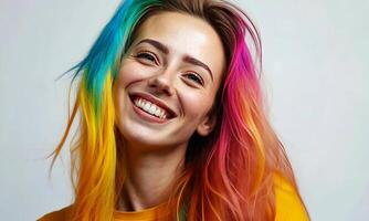 Cheerful Young Woman with Vibrant Rainbow Hair Smiling Brightly Against a Soft Background, Capturing a Joyful and Playful Attitude in a Studio Setting video