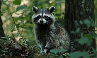 A curious raccoon standing amidst lush greenery in a vibrant forest, showcasing its distinct facial markings and lively expression with a natural backdrop. video