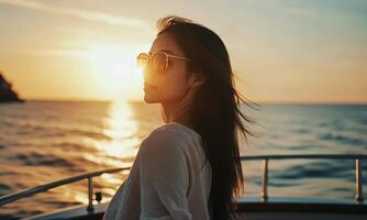 Woman Enjoying a Serene Sunset on a Yacht with Sunglasses, Gentle Waves, Warm Colors, and a Peaceful Expression While Embracing Nature in a Relaxing Moment video