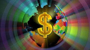 dólar firmar 3d con globo con rayos y exterior anillos video