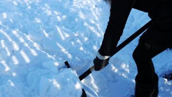 Winter season shows woman shoveling snow in slow motion, clearing walkway with focused effort. Snow flies with each movement, capturing the challenge of snow removal during cold weather. video