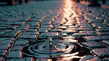Water Droplets Creating Ripples on Cobblestone Surface Footage video