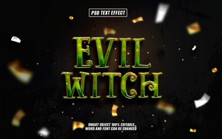 3D Evil Witch text effect with gold confetti psd