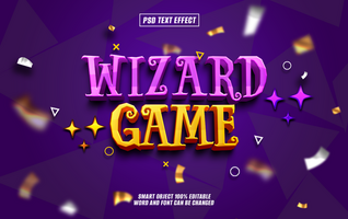 Wizard Game text effect with purple and gold 3D lettering, psd