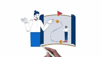 Guiding path to success hand drawn whiteboard animation. Male professional explaining roadmap with flag destination 4K . Career planning animated doodle handdrawn concept pencil drawing video