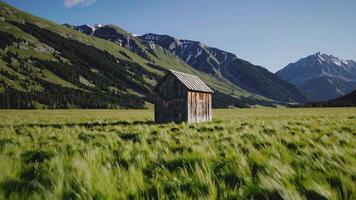 Captivating Landscape Footage of a Rustic Cabin Surrounded by Majestic Mountains video