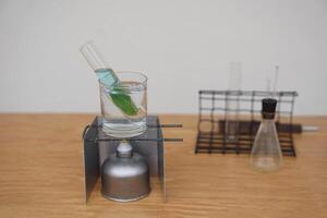 Science experiment about extract chlorophyll by boiling leaf in test tube glass. Concept, easy educational lesson in science subject. photo