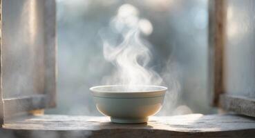 Steaming bowl on windowsill brings warmth and tranquility in cozy serene settingSteaming bowl on windowsill brings warmth and tranquility in cozy serene setting. photo