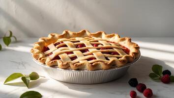 Appetizing Homemade Lattice Top Pie with Flaky Crust and Golden Brown FinishAppetizing Homemade Lattice Top Pie with Flaky Crust and Golden Brown Finish. photo