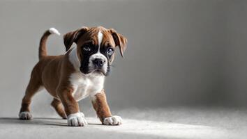 Playful Boxer Puppy Posing Adorably with a Charming Expression and Captivating EyesPlayful Boxer Puppy Posing Adorably with a Charming Expression and Captivating Eyes. photo