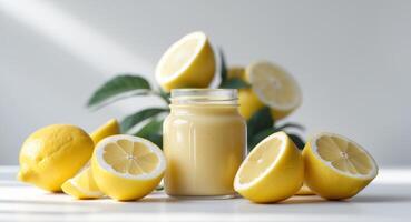 Sliced lemons arranged around a jar of creamy lemon sauce in a flat lay displaySliced lemons arranged around a jar of creamy lemon sauce in a flat lay display. photo