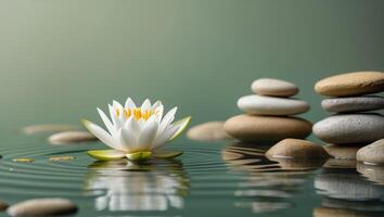 Serene Water Lily on Stacked Stones in Peaceful PondSerene Water Lily on Stacked Stones in Peaceful Pond. photo