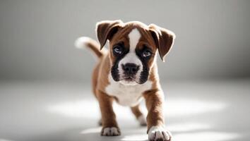 Playful Boxer Puppy Posing Adorably with a Charming Expression and Captivating Eyes photo