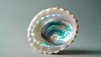 Closeup of a Pristine Natural Abalone Shell Revealing its Intricate Textures and Oceanic BeautyCloseup of a Pristine Natural Abalone Shell Revealing its Intricate Textures and Oceanic Beauty. photo
