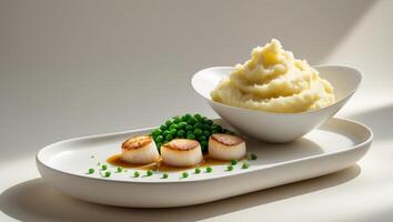 A white plate topped with scallops and peas next to a bowl of mashed potatoesA white plate topped with scallops and peas next to a bowl of mashed potatoes. photo