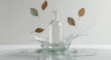 Fresh water splashing around bottle with floating leavesFresh water splashing around bottle with floating leaves. photo
