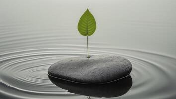 A rock in the middle of a body of water with a green leaf sticking out of it.A rock in the middle of a body of water with a green leaf sticking out of it. photo