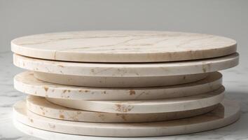 A stack of light beige marble slabs each layer displaying unique speckles and soft swirls photo