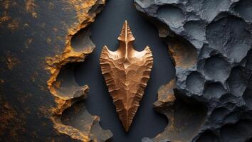 Bronze arrowhead design on dark textured background photo