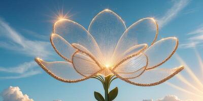 Solar panel in the shape of a flower on a blue sky with clouds and sun rays innovative solar panel innovation power electricity energy technology panel renewable photo