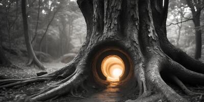 A hidden entrance in a tree trunk reveals a mysterious underground city beyond the surface photo