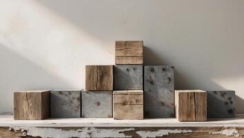 Rustic Wooden and Metal Cubes Arranged in an Abstract Composition on a Wooden Surface photo