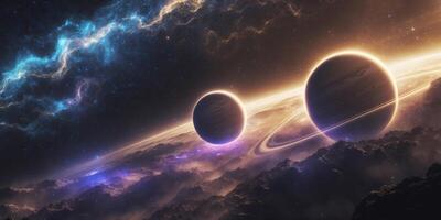 Cosmic Landscape of Three Planets in Deep Space Exploration with Dramatic Lighting and Vibrant Colors photo