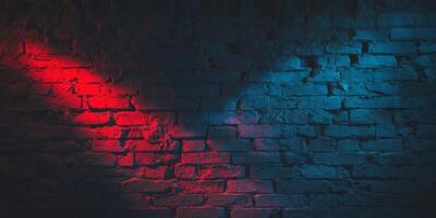 brick walls with red and blue neon lighting create a vibrant and textured background photo