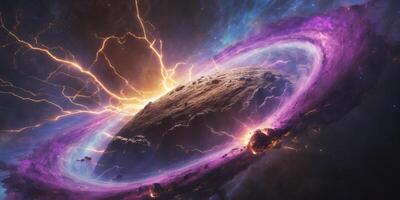 Vibrant Cosmic Scene Featuring Planet on Edge of Destruction with Nebula and Dramatic Lighting Effects photo