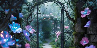 Enchanting secret garden behind wrought iron gate with flowers that glow in magical hues photo